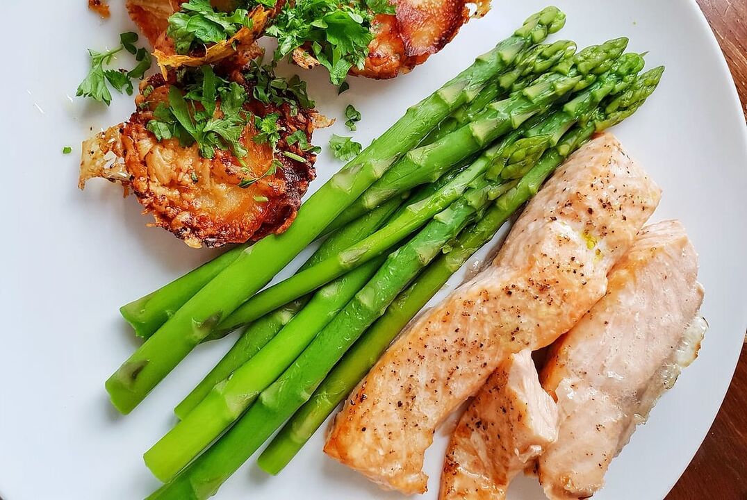 Fried fish with asparagus in the low-carb diet menu